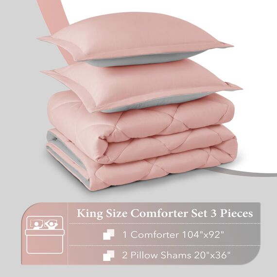 downluxe Bettwäsche-Set für King-Size-Bett, weiches Bettwäsche-Set für alle Jahreszeiten, 1 Bettdecke (264,2 x 233,7 cm) und 2 Kissenbezüge (50,8 x 91,4 cm), Rosa und Grau
