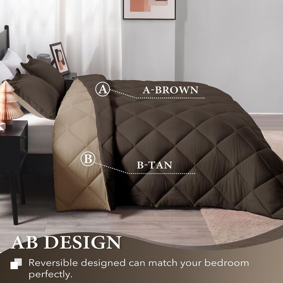 downluxe Bettwäsche-Set in Full-Size, Braun und Hellbraun, weiches Bettwäsche-Set für alle Jahreszeiten, 3-teiliges Bettdecken-Set mit 2 wendbaren Kissenbezügen