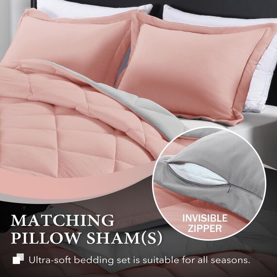 downluxe Bettwäsche-Set für King-Size-Bett, weiches Bettwäsche-Set für alle Jahreszeiten, 1 Bettdecke (264,2 x 233,7 cm) und 2 Kissenbezüge (50,8 x 91,4 cm), Rosa und Grau