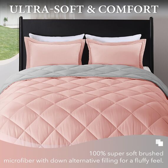 downluxe Bettwäsche-Set für King-Size-Bett, weiches Bettwäsche-Set für alle Jahreszeiten, 1 Bettdecke (264,2 x 233,7 cm) und 2 Kissenbezüge (50,8 x 91,4 cm), Rosa und Grau
