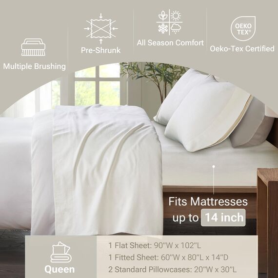 Sleep Philosophy True North by Kuscheliges Flanell-Bettwäsche-Set, 100% Baumwolle, Bedruckt, Tiere, Sterne, niedlich, ultraweich, für kaltes Wetter, Queen-Size-Bett, elfenbeinfarben, 4-teilig