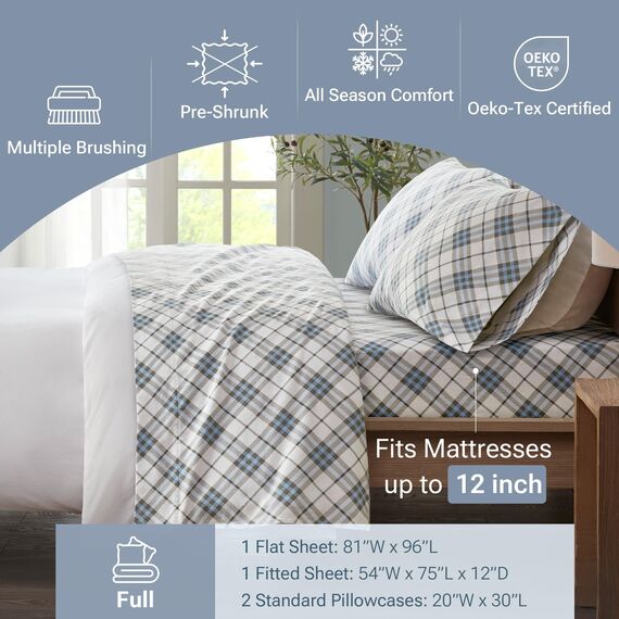 Sleep Philosophy True North Kuscheliges Flanell-Bettwäsche-Set, warm, 100% Baumwolle, Motiv: Tiere und Sterne, niedlich, ultraweich, für kaltes Wetter, voll, blaues Karomuster, 4-teilig