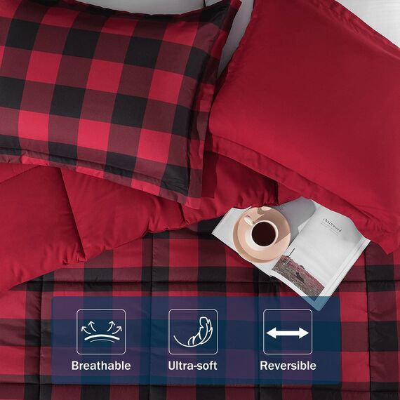 downluxe Leichtes Kariertes Bettwäsche-Set (Queen) mit 2 Kissenbezügen – 3-teiliges Set – rot/schwarz kariert – Daunenalternative Wendedecke
