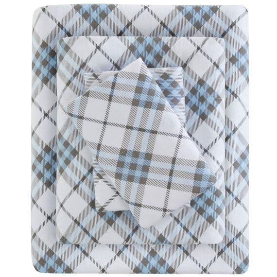 Sleep Philosophy True North Kuscheliges Flanell-Bettwäsche-Set, warm, 100% Baumwolle, Motiv: Tiere und Sterne, niedlich, ultraweich, für kaltes Wetter, voll, blaues Karomuster, 4-teilig