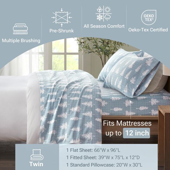 Sleep Philosophy True North Gemütliches Flanell-Bettwäsche-Set, 100% Baumwolle, Neuheit, Druck, Tiere, Sterne, niedlich, ultraweich, kaltes Wetter, Blauer Wald, 3-teilig