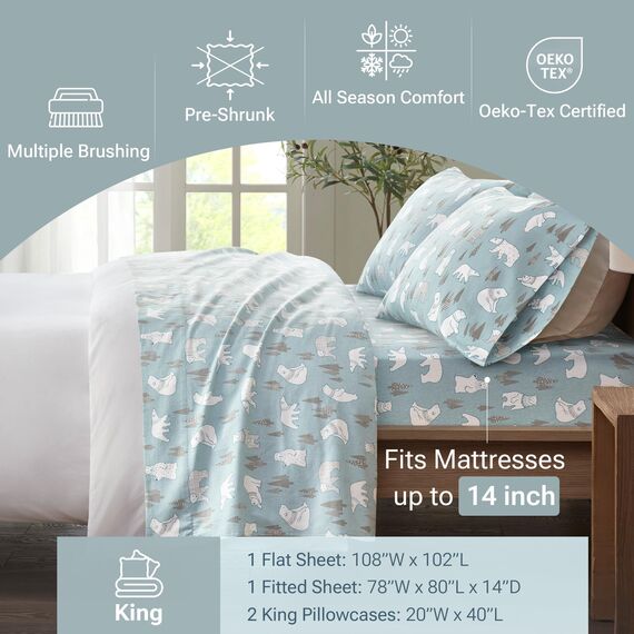 Sleep Philosophy True North by Kuscheliges Flanell-Bettwäsche-Set, 100% Baumwolle, Bedruckt, Tiere, Sterne, niedlich, ultraweich, für kaltes Wetter, Kingsize, Blaue Eisbären, 4-teilig