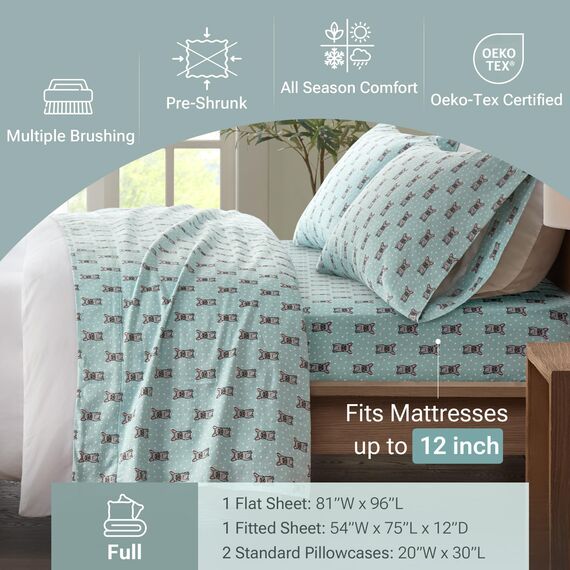 Sleep Philosophy True North by Flanell-Bettwäsche-Set, gemütlich, warm, 100% Baumwolle, Motiv: Tiere und Sterne, niedlich, ultraweich, für kaltes Wetter, 4-teilig
