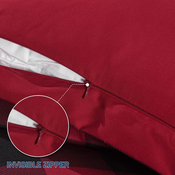 downluxe Leichtes Kariertes Bettwäsche-Set (King-Size) mit 2 Kissenbezügen, 3-teiliges Set, rot/schwarz kariert, Daunen-Alternative, wendbare Bettdecke