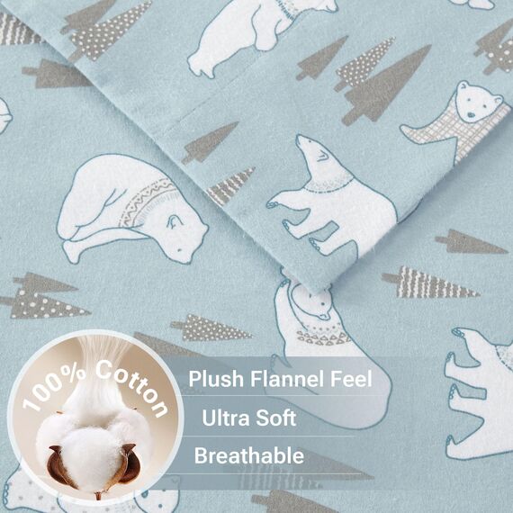 Sleep Philosophy True North by Kuscheliges Flanell-Bettwäsche-Set, 100% Baumwolle, Motiv: Tiere, Sterne, niedlich, ultraweich, für kaltes Wetter, Doppelbett, Blaue Eisbären, 3-teilig