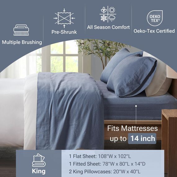 Sleep Philosophy True North by Kuscheliges Flanell-Bettwäsche-Set, 100% Baumwolle, Bedruckt, Tiere, Sterne, niedlich, ultraweich, für kaltes Wetter, Kingsize, Blau, einfarbig, 4-teilig