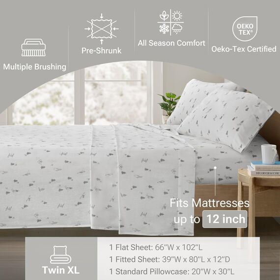 Sleep Philosophy True North by Flanell-Bettlaken, Größe XL, gemütliches 100% Baumwoll-Flanell-Bettwäsche-Set, ultraweich, niedliches Bettlaken-Set, elastische Tasche, passend für Matratzen bis zu