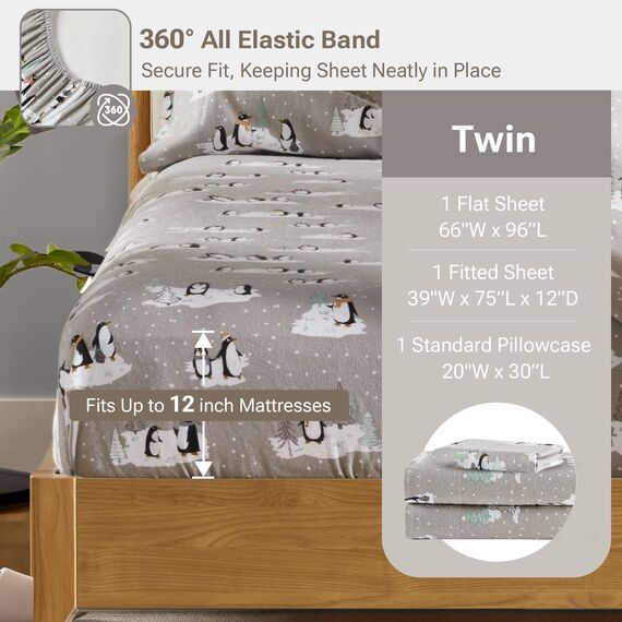 Sleep Philosophy True North by Kuscheliges Flanell-Bettwäsche-Set, 100% Baumwolle, Motiv: Tiere und Sterne, niedlich, ultraweich, für kaltes Wetter, Doppelbett, graue Pinguine, 3-teilig