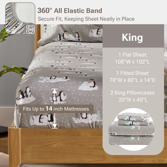 Sleep Philosophy True Nord by Bettwäscheset für kaltes Wetter, kuscheliges Flanell, 100% Baumwolle, ultraweich, graue Pinguine, King-Size-Bett