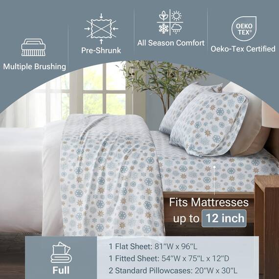 Sleep Philosophy True North by Kuscheliges Flanell-Bettwäsche-Set, 100% Baumwolle, Motiv: Tiere, Sterne, niedlich, ultraweich, für kaltes Wetter, Hellbraun/Blaue Schneeflocken, 4-teilig