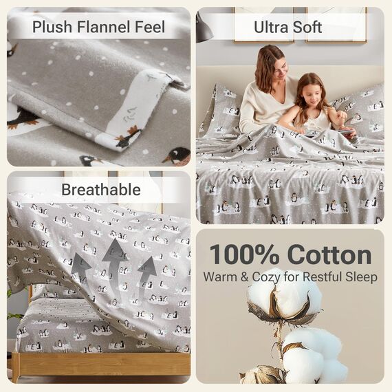 Sleep Philosophy True Nord by Bettwäscheset für kaltes Wetter, kuscheliges Flanell, 100% Baumwolle, ultraweich, graue Pinguine, King-Size-Bett