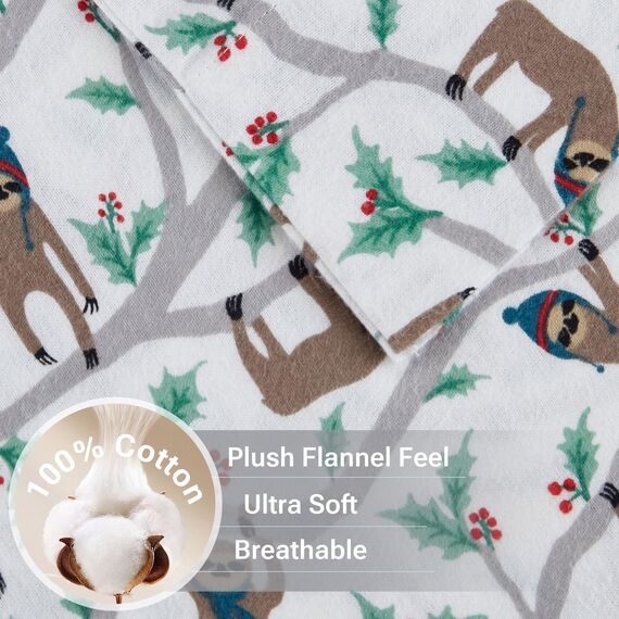 Sleep Philosophy True North by Kuscheliges Flanell-Bettwäsche-Set, 100% Baumwolle, Motiv: Tiere, Sterne, niedlich, ultraweich, für kaltes Wetter, Doppelbett, Mehrfarbig, Faultiere, 3-teilig