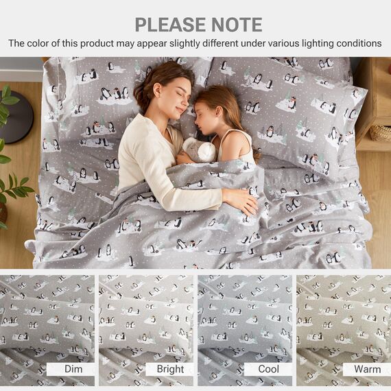 Sleep Philosophy True North by Kuscheliges Flanell-Bettwäsche-Set, 100% Baumwolle, Motiv: Tiere und Sterne, niedlich, ultraweich, für kaltes Wetter, Doppelbett, graue Pinguine, 3-teilig
