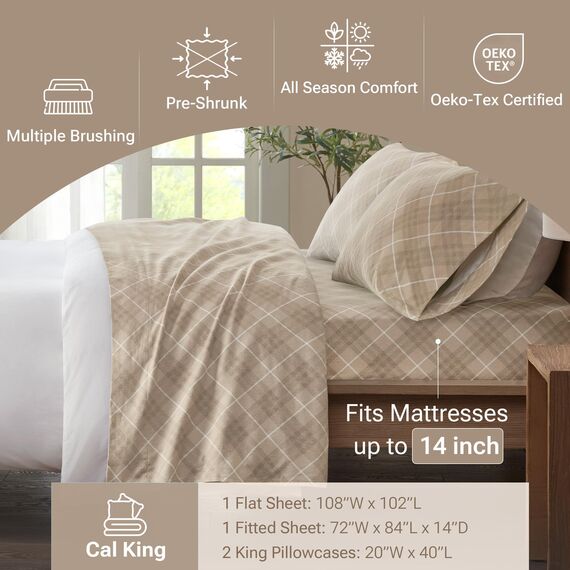 Sleep Philosophy True North Cozy Flanell-Bettlaken, warm, 100% Baumwolle, mit Tieren, Sternen, niedlich, ultraweich, für kaltes Wetter, Cal King, hellbraunes Karomuster, 4-teiliges Set
