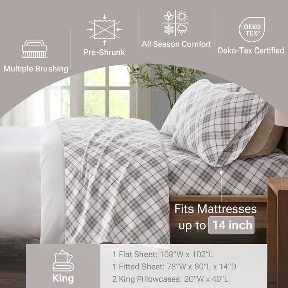 Sleep Philosophy True North by Kuscheliges Flanell-Bettwäsche-Set, 100% Baumwolle, Motiv: Tiere, Sterne, niedlich, ultraweich, für kaltes Wetter, King-Size-Bett, rotes Karomuster, 4-teilig