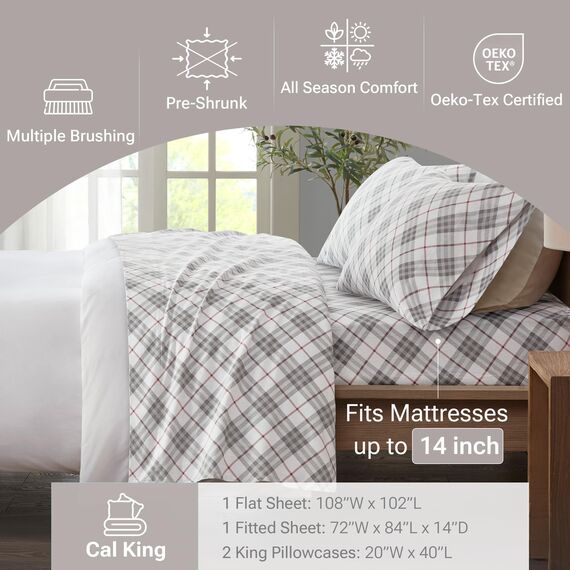 Sleep Philosophy True North by Kuscheliges Flanell-Bettwäsche-Set, 100% Baumwolle, Motiv: Tiere und Sterne, niedlich, ultraweich, Kaltwetter-Bettwäsche-Set, Kali-King-Size-Bett, rotes Karomuster,