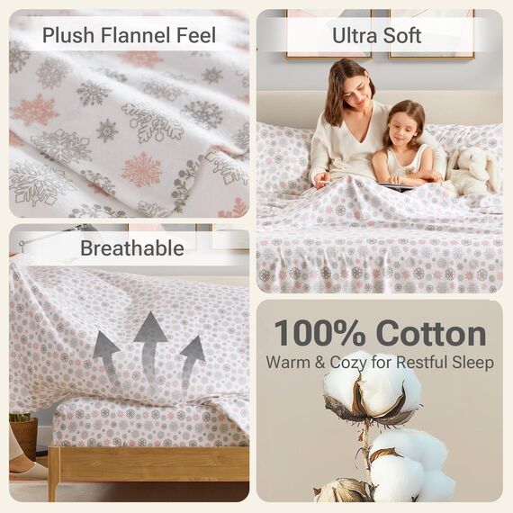 Sleep Philosophy True North Kuscheliges Flanell-Bettwäsche-Set, warm, 100% Baumwolle, Motiv: Tiere, Sterne, niedlich, ultraweich, für kaltes Wetter, Doppelbett, rosa/graue Schneeflocken, 3-teilig