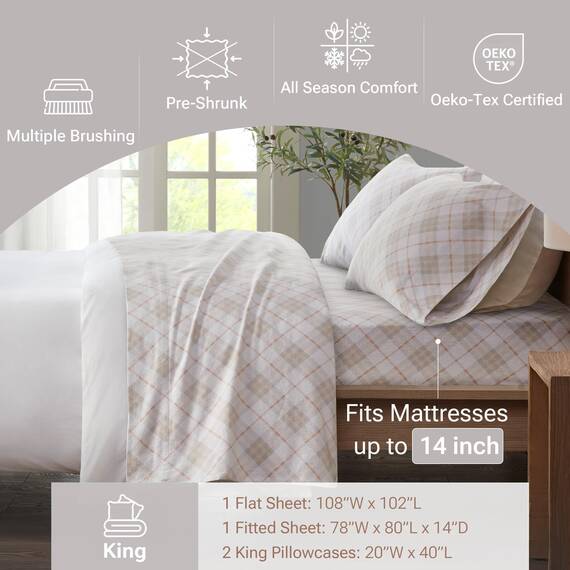 Sleep Philosophy True North by Kuscheliges Flanell-Bettwäsche-Set, 100% Baumwolle, Motiv: Tiere, Sterne, niedlich, ultraweich, für kaltes Wetter, Kingsize, rosa kariert, 4-teilig