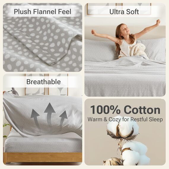 Sleep Philosophy True North by Kuscheliges Flanell-Bettwäsche-Set, 100% Baumwolle, Bedruckt, Tiere, Sterne, niedlich, ultraweich, für kaltes Wetter, Kingsize, graue Punkte, 4-teilig