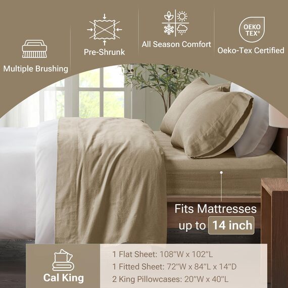 Sleep Philosophy True North by Kuscheliges Flanell-Bettwäsche-Set, 100% Baumwolle, Bedruckt, Tiere, Sterne, niedlich, ultraweich, für kaltes Wetter, Kaltwetter, Hellbraun, einfarbig, 4-teilig