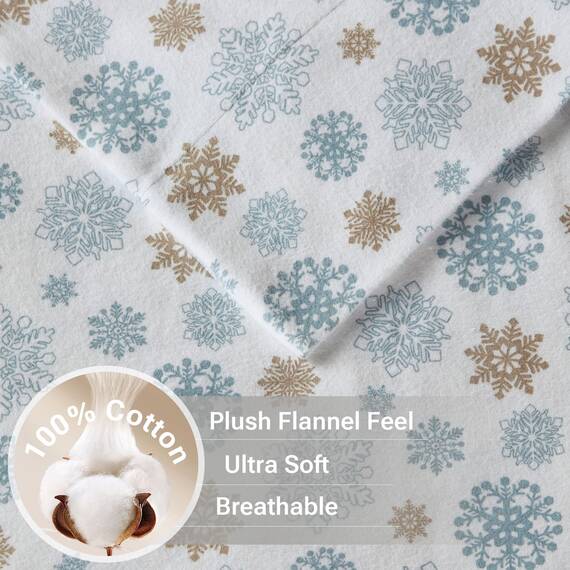 Sleep Philosophy True North by Kuscheliges Flanell-Bettwäsche-Set, 100% Baumwolle, Motiv: Tiere, Sterne, niedlich, ultraweich, für kaltes Wetter, Hellbraun/Blaue Schneeflocken, 4-teilig