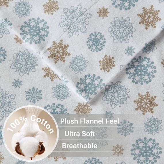 Sleep Philosophy True North by Kuscheliges Flanell-Bettwäsche-Set, 100% Baumwolle, Motiv: Tiere, Sterne, niedlich, ultraweich, für kaltes Wetter, Kingsize, Hellbraun/Blaue Schneeflocken, 4-teilig