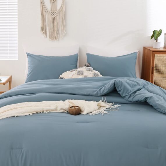 ROSGONIA Bettwäsche-Set für King-Size-Betten, staubiges Blau, 3-teilig (1 Boho-Blaue Bettdecke und 2 Kissenbezüge), Ganzjahres-Bettwäsche, leichte Tagesdecke, Decke, Steppdecke