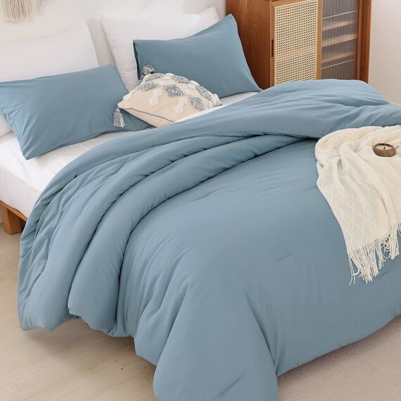 ROSGONIA Bettwäsche-Set für King-Size-Betten, staubiges Blau, 3-teilig (1 Boho-Blaue Bettdecke und 2 Kissenbezüge), Ganzjahres-Bettwäsche, leichte Tagesdecke, Decke, Steppdecke