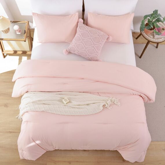 ROSGONIA Steppdecke in voller Größe für Mädchen, Jungen, Teenager, Blush, 3-teilig (1 Boho-rosa Bettdecke und 2 Kissenbezüge), leichte Schlafsaal-Bettwäsche, weich, Ganzjahres-Bettwäsche-Set