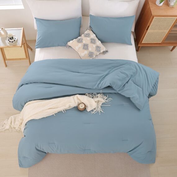 ROSGONIA Dusty Blue Bettdecken-Set für Queen-Size-Betten, 3-teilig (1 Bettdecke und 2 Kissenbezüge), Mikrofaser, graublau, ästhetische Queen-Size-Bettwäsche, weich, warm und leicht, für alle
