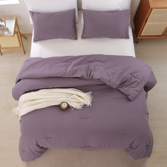 ROSGONIA Dusty Purple Bettdecken-Set für Queen-Size-Betten, 3-teilig (1 Boho-Steppdecke und 2 Kissenbezüge), Ganzjahres-Bettwäsche, leichte Tagesdecke, Decke, Steppbett