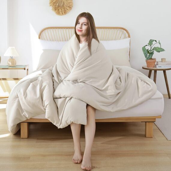 ROSGONIA Beigefarbenes Twin/Twin XL-Bettwäsche-Set für College-Mädchen und Jungen, 1 Bettdecke und 1 Kissenbezug, für alle Jahreszeiten, leichte Schlafsaal-Bettwäsche