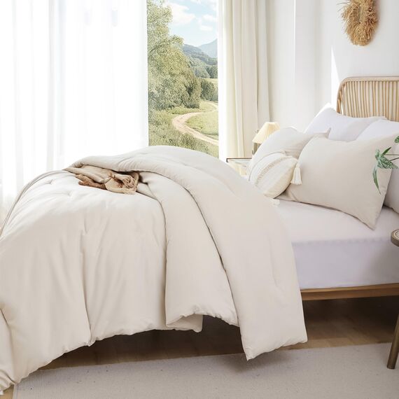 ROSGONIA Beigefarbenes Bettdecken-Set für Queen-Size-Betten, 3-teilig (1 Boho-Bettdecke und 2 Kissenbezüge), Ganzjahres-Bettwäsche, leicht, weich, Tagesdecke, Steppdecke, Geschenke