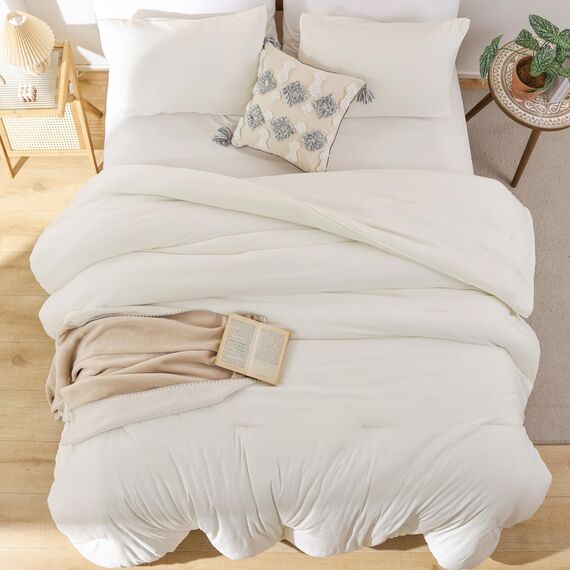 ROSGONIA Elfenbeinfarbenes Twin/Twin XL-Bettwäsche-Set für College-Mädchen und Jungen, 1 Bettdecke und 1 Kissenbezug, für alle Jahreszeiten, leichte Schlafsaal-Bettwäsche