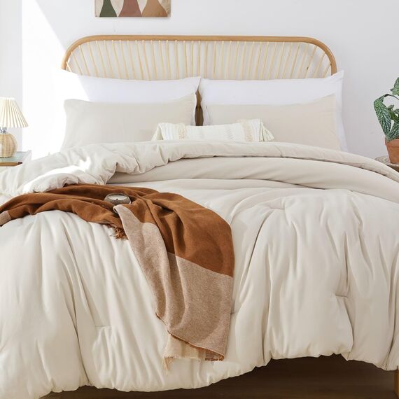 ROSGONIA Beigefarbenes Bettdecken-Set für Queen-Size-Betten, 3-teilig (1 Boho-Bettdecke und 2 Kissenbezüge), Ganzjahres-Bettwäsche, leicht, weich, Tagesdecke, Steppdecke, Geschenke