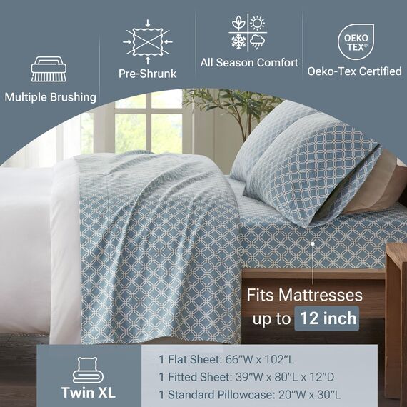 Sleep Philosophy True North by Kuscheliges Flanell-Bettwäsche-Set, 100% Baumwolle, Motiv: Tiere, Sterne, niedlich, ultraweich, für kaltes Wetter, Doppelbett, XL, Blau Geo, 3-teilig