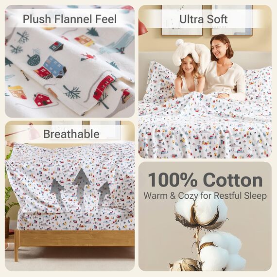 Sleep Philosophy True North Bettwäsche-Set, 4-teilig, aus 100% Baumwollflanell, gebürstet für Weichheit, Fantasie-Druck, warm, weißer Dorfdruck