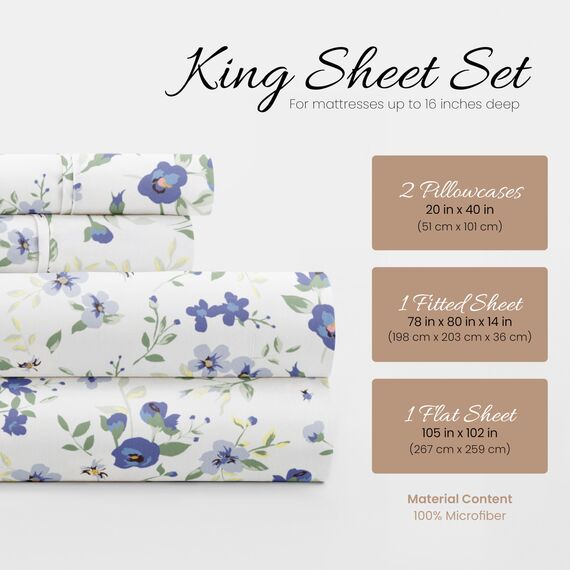Linen Market 4-teiliges Bettwäsche-Set für King-Size-Betten (hellblaues Blumenmuster) – Schlafen Sie Besser als je zuvor mit diesen ultraweichen und kühlenden Bettlaken für Ihr Kingsize-Bett, Tiefe
