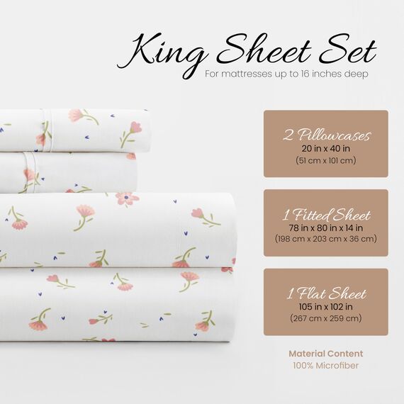 Linen Market 4-teiliges Bettlaken-Set, Gemustert, Kingsize, weiches Blumenrosa