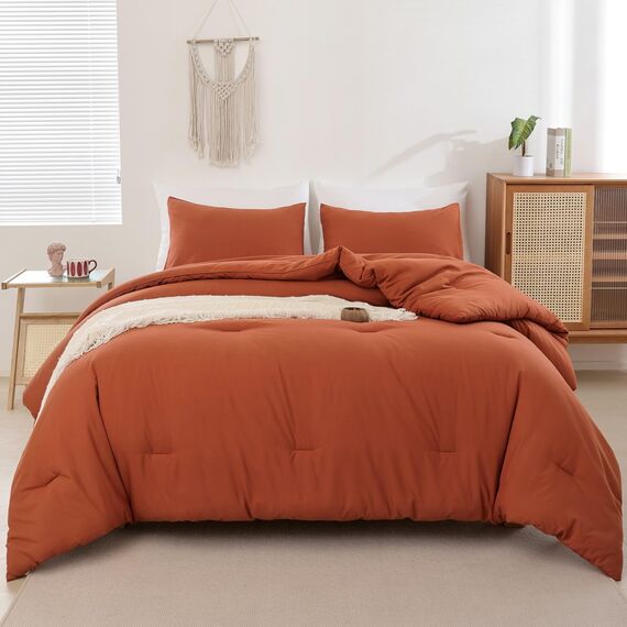 ROSGONIA Burnt Orange California King Bettdecken-Set, 3-teilig (1 Boho Terrakotta Cal King Bettdecke & 2 Kissenbezüge), California King Bettdecken-Set, gemütlich, leicht zu waschen und zu reinigen