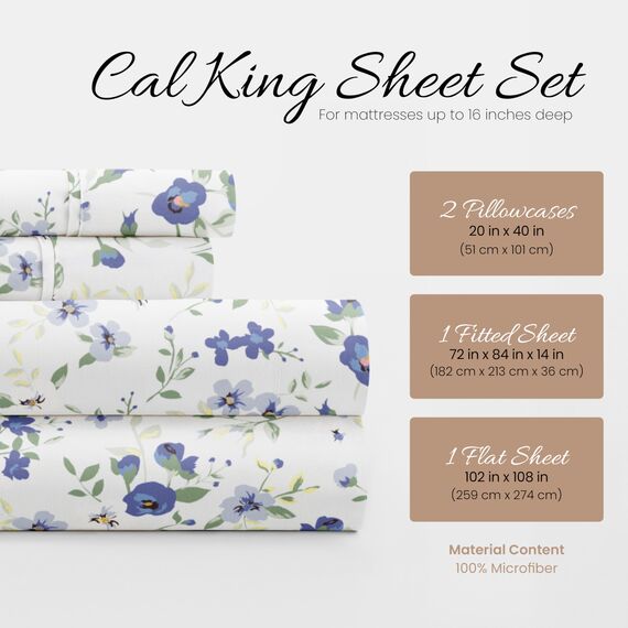4-teiliges California-King-Bettwäsche-Set (hellblaues Blumenmuster) – Schlafen Sie besser als je zuvor mit diesen ultraweichen und kühlenden Bettlaken für Ihr Cal King Size Bett – tiefe Tasche für