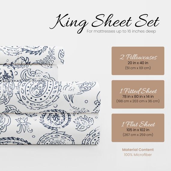 Linen Market ienjoy Home Collection Bettlaken-Set, grobes Paisleymuster, 4-teilig, Kingsize, Marineblau