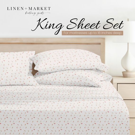 Linen Market 4-teiliges Bettlaken-Set, Gemustert, Kingsize, weiches Blumenrosa