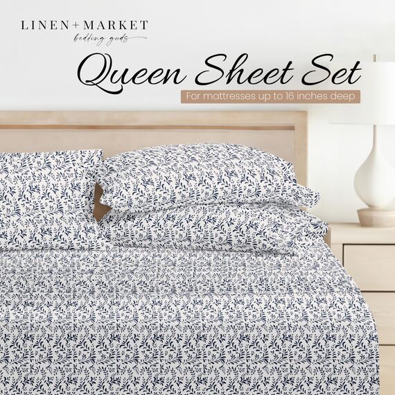 Linen Market Queen-Bettwäsche-Set, 4-teilig, atmungsaktiv, kühlendes Queen-Size-Bettlaken, Tiefe Taschen- und knitterfreie Laken, passend für 40,6 cm große Matratzen, extra weich und