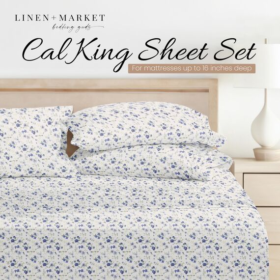 4-teiliges California-King-Bettwäsche-Set (hellblaues Blumenmuster) – Schlafen Sie besser als je zuvor mit diesen ultraweichen und kühlenden Bettlaken für Ihr Cal King Size Bett – tiefe Tasche für