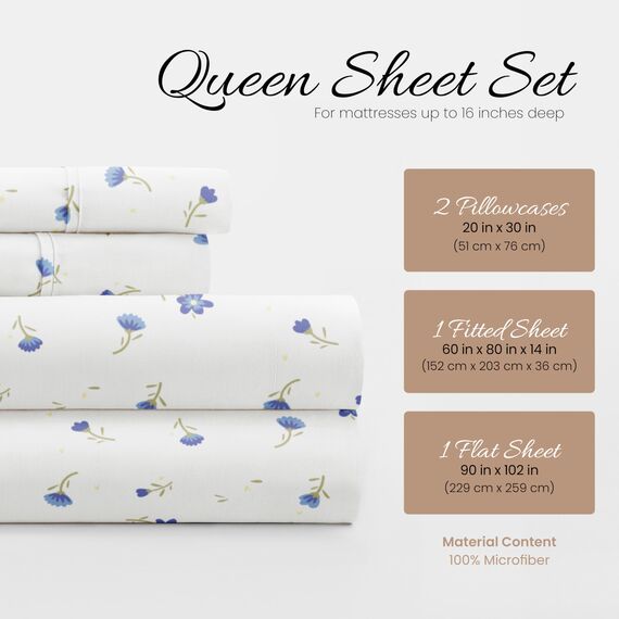 Linen Market 4-teiliges Bettlaken-Set, Gemustert, Queensize, weiches Blumenmuster, Hellblau